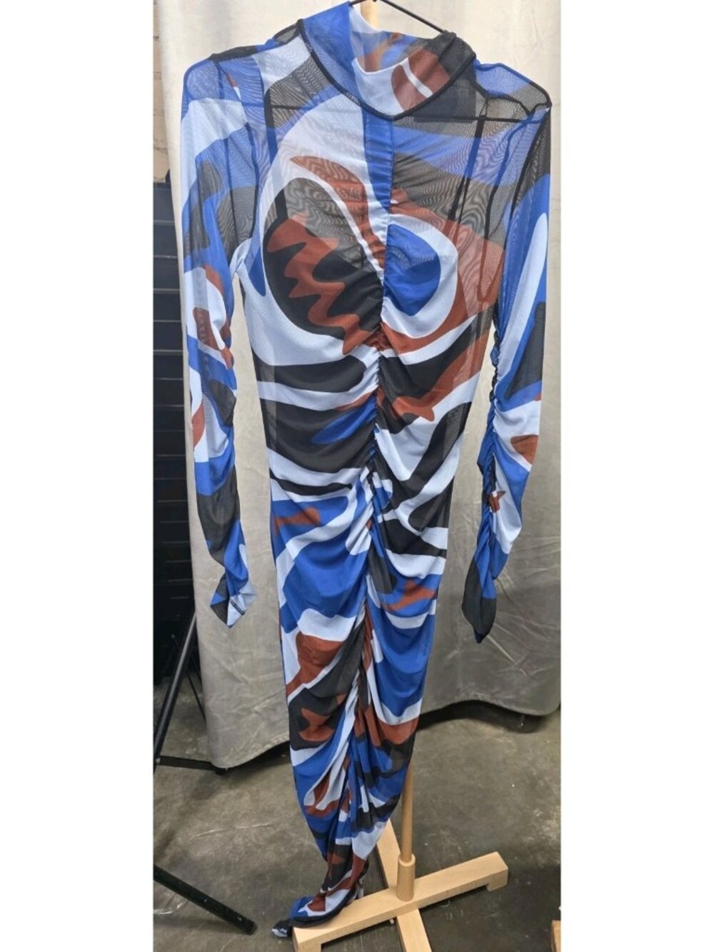 Monica Ahanonu x Target XS Mesh Ruched Midi Dress Blue Abstract NWT. WL359